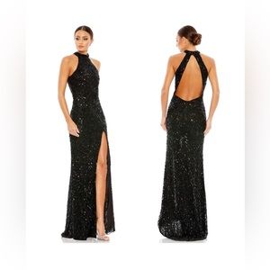 Mac Duggal Black Sequined Formal Dress Size 10 Low back Halter
